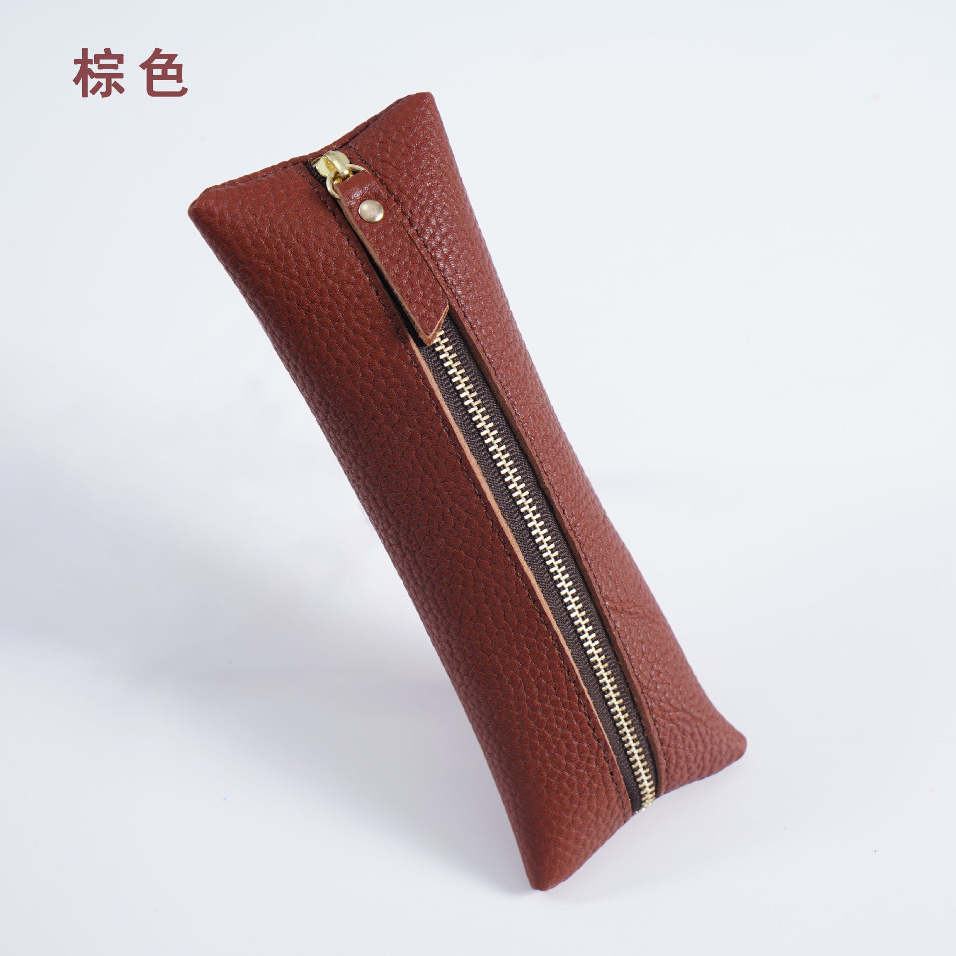 Wholesale First Layer Litchi Zipper Genuine Leather Pencil Case